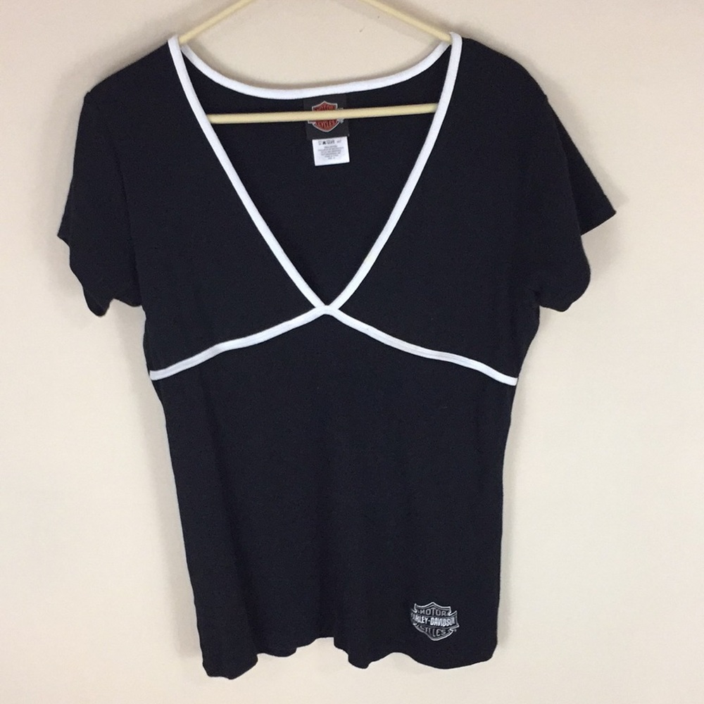 Harley Davidson Black Cotton Top with White Edging Size XL Embroidered Patch